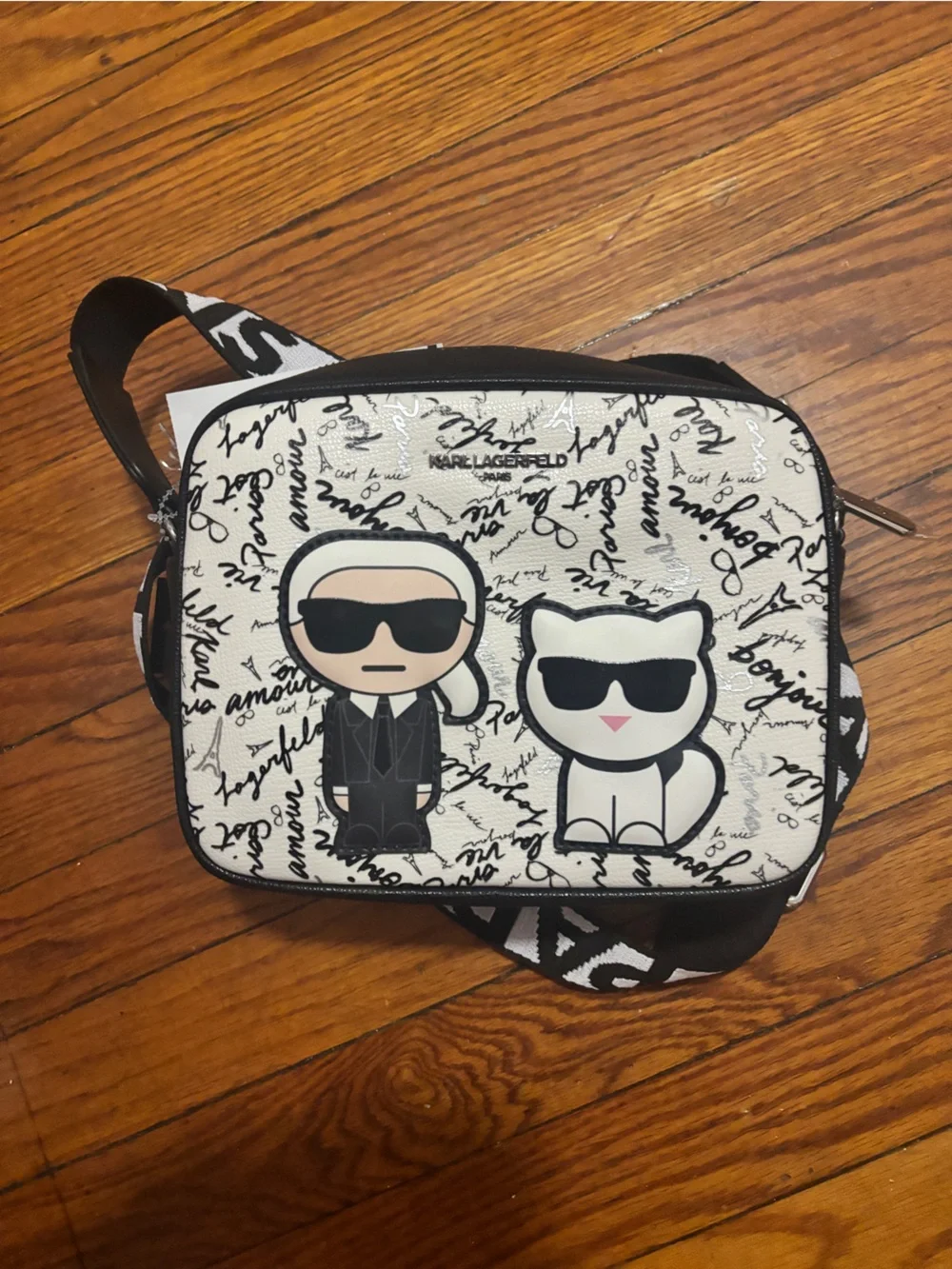 Karl Lagerfeld Black & White Iconic Crossbody Camera Bag with Branded Strap